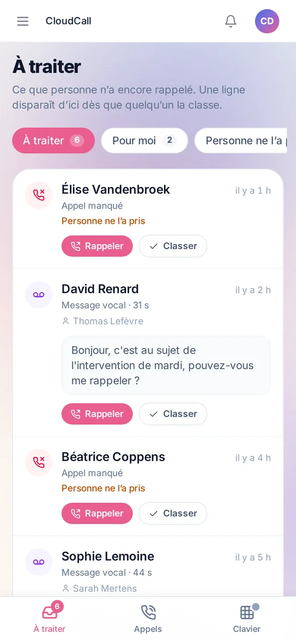 Les appels à traiter et les messages vocaux sur mobile